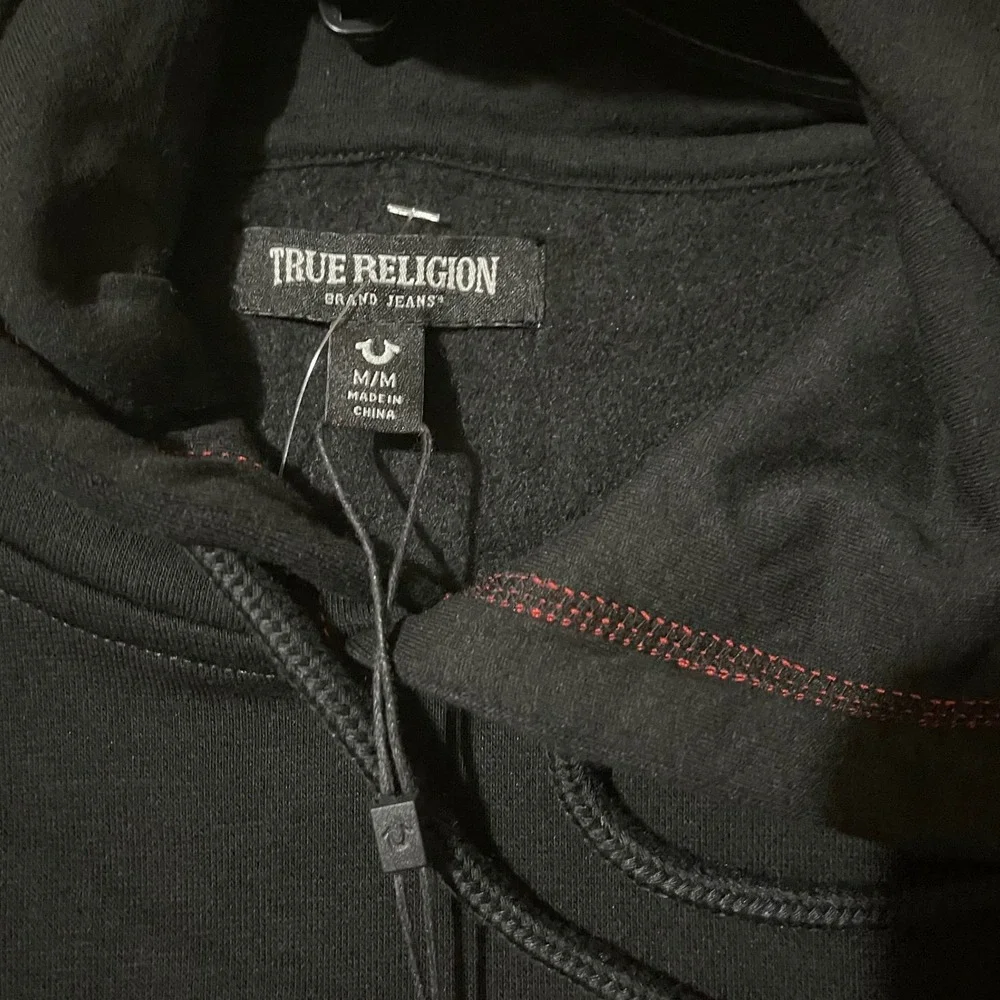 True Religion Mens Buddha Logo Hoodie Jet Black Red Contrast Stitch‎ Medium $119